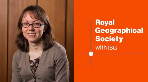 An image of Fiona McConnell sitting in front of a wood-panelled wall, with an image of the RGS/IBG logo on the right.