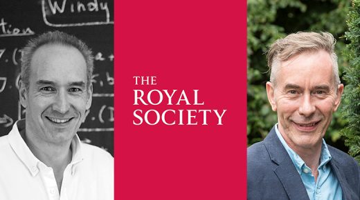 An image of Alain Goriely's head and shoulders, in front of a chalkboard, Ian Shipsey with a backdrop of greenery, separated by the logo of the Royal Society.