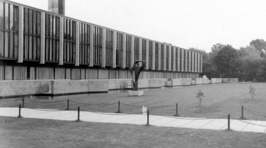 A 1960s black-and-white photo of the College buildings