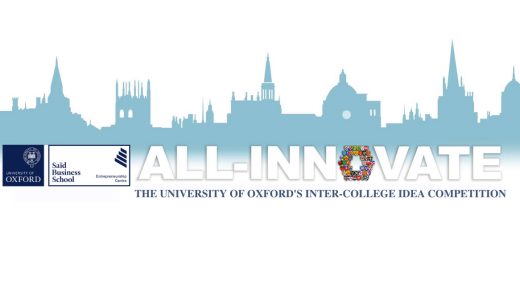 A silhouette of the Oxford skyline, with the University of Oxford and Saïd Business School logos. Text reads: All-Innovate, the University of Oxford's inter-college idea competition.